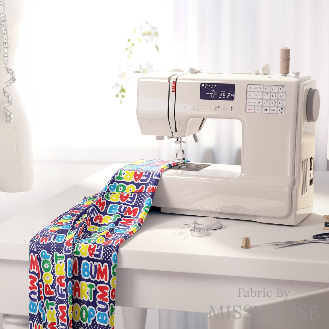 Design 112 Naughty Words Fabric on a sewing machine – premium fabric for sewing projects | Fabric by Missy Rose