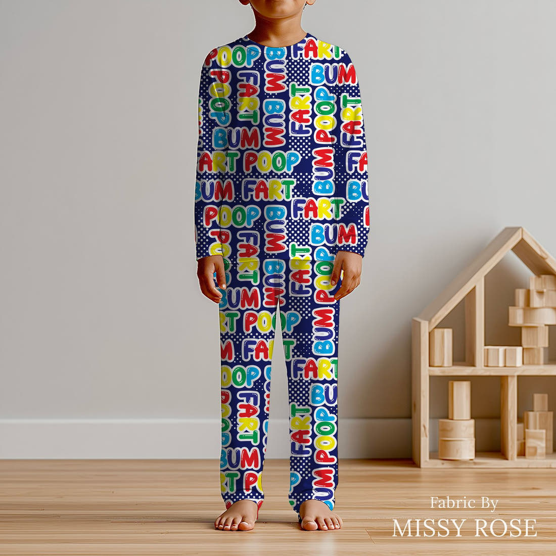 Design 112 Naughty Words Fabric sewn into kids' pyjamas – see how the print looks made up | Fabric by Missy Rose