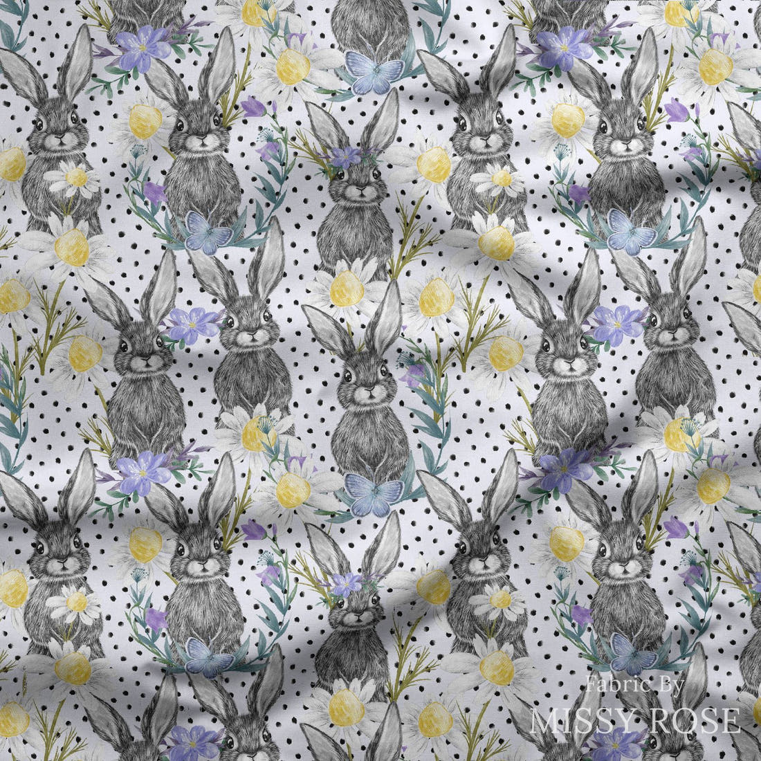 Design 1120 Floral Bunny Fabric draped fabric mockup – custom printed fabric by the metre | Fabric by Missy Rose