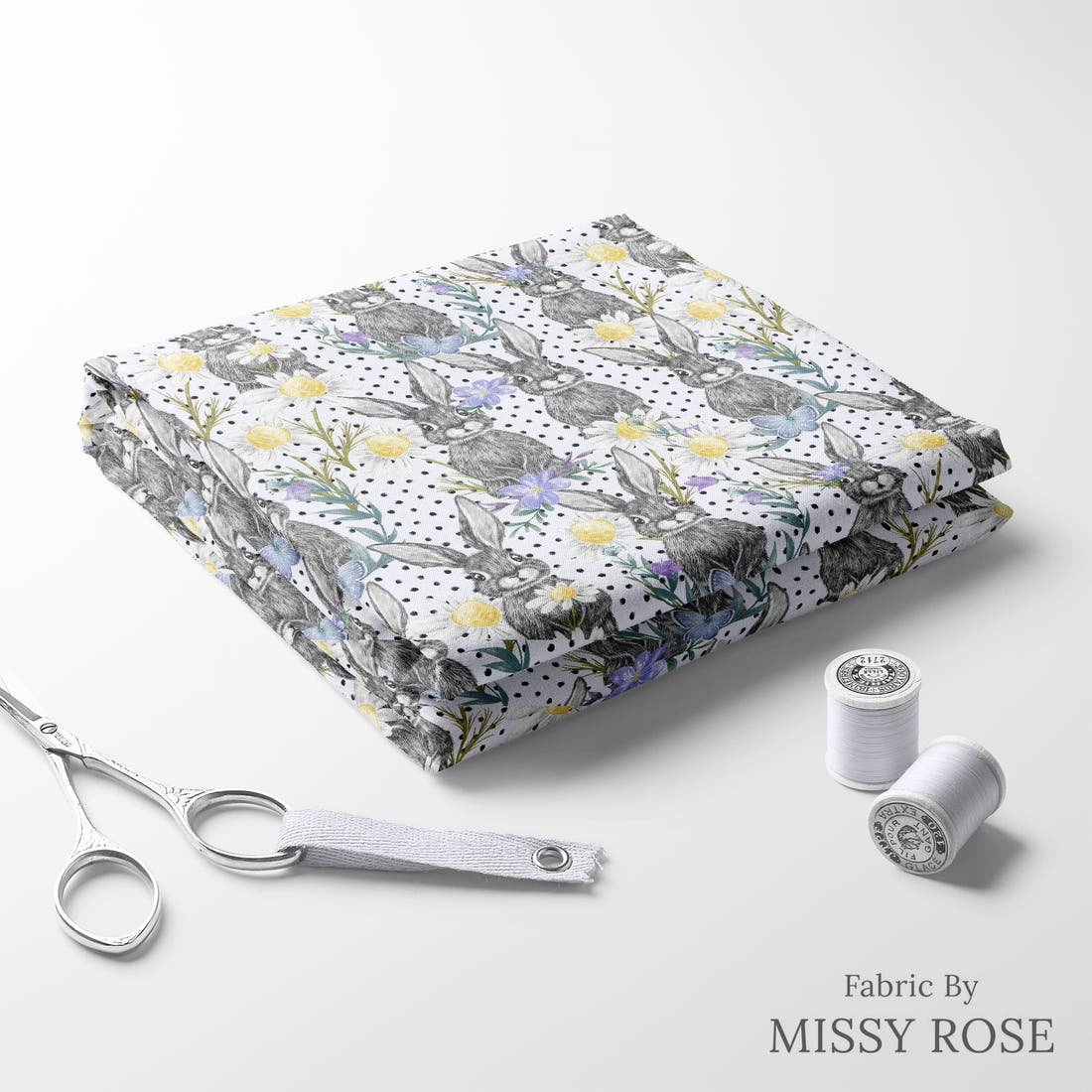 Design 1120 Floral Bunny Fabric folded fabric stack with matching thread – pre-order fabric Australia | Fabric by Missy Rose