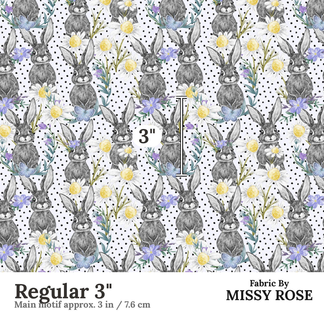 Design 1120 Floral Bunny Fabric Regular 3 inch print scale guide | Fabric by Missy Rose