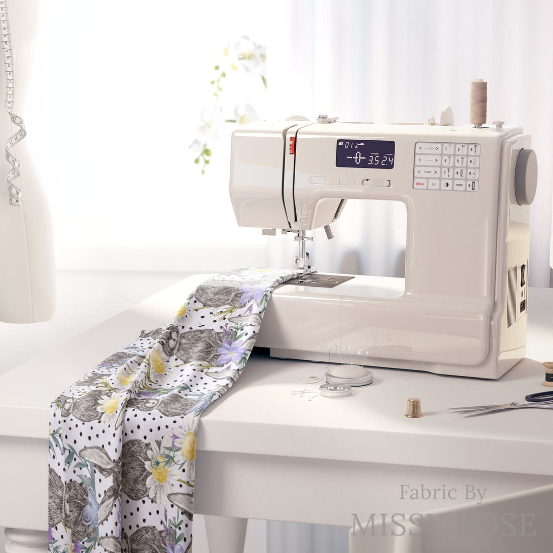 Design 1120 Floral Bunny Fabric on a sewing machine – premium fabric for sewing projects | Fabric by Missy Rose