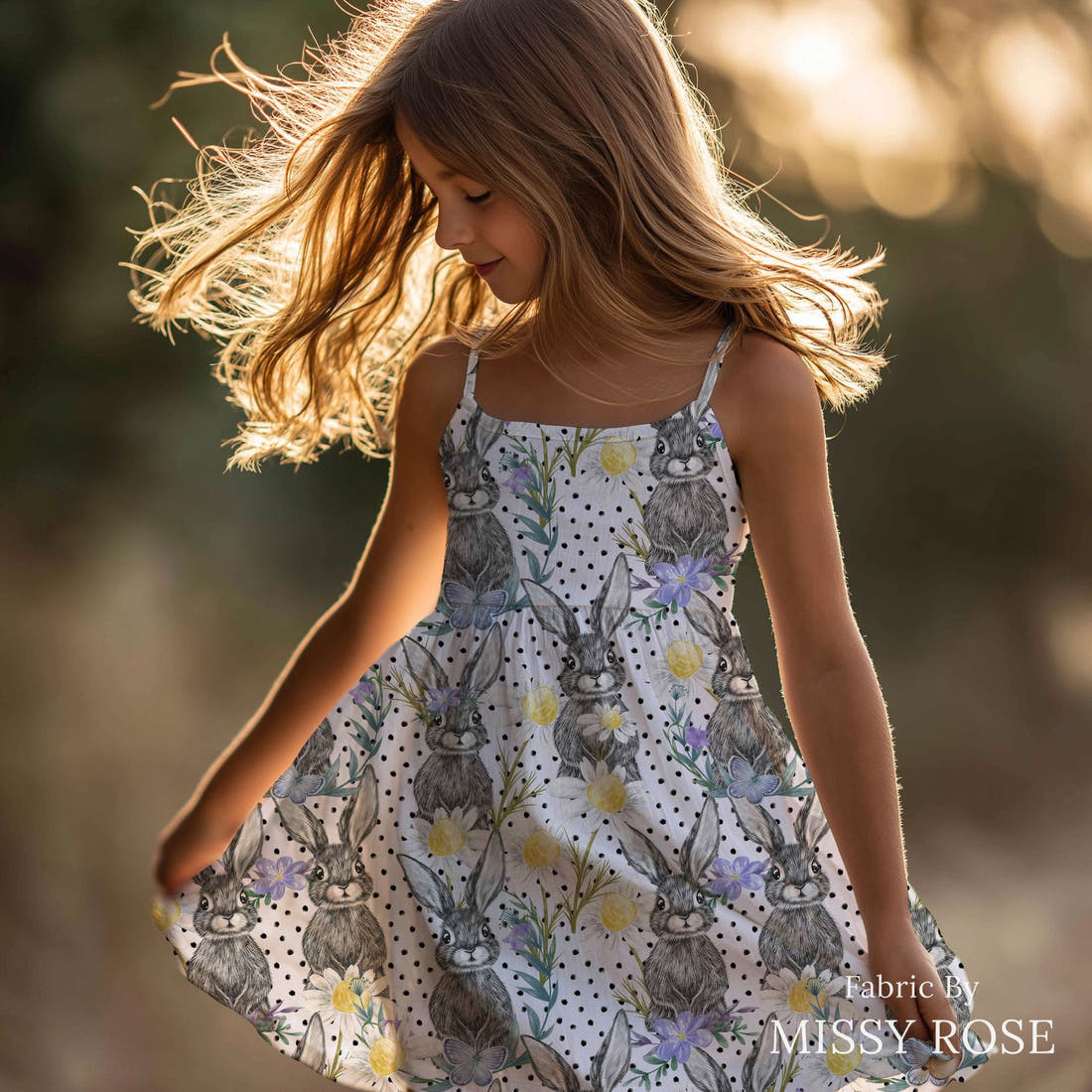 Design 1120 Floral Bunny Fabric sewn into a girls' dress – see how the print looks made up | Fabric by Missy Rose