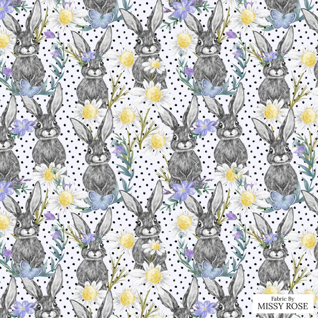 Design 1120 Floral Bunny Fabric – flat view of the print, zoom in for detail | Fabric by Missy Rose