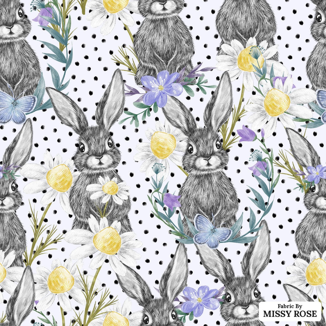 Design 1120 Floral Bunny Fabric – flat view of the print, zoom in for detail | Fabric by Missy Rose