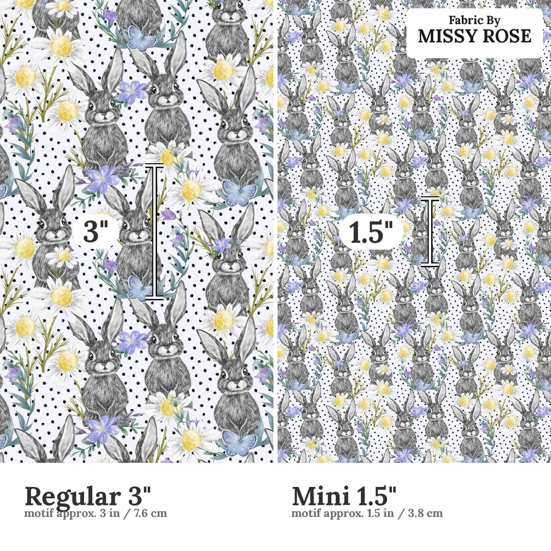Design 1120 Floral Bunny Fabric Regular 3 inch vs Mini 1.5 inch print scale side by side | Fabric by Missy Rose