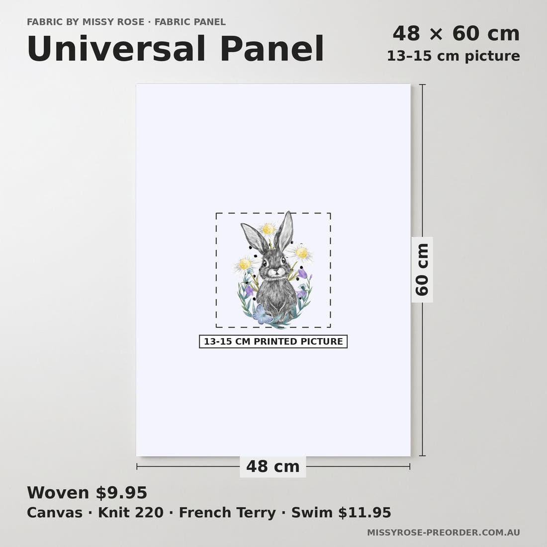 Design 1120 Floral Bunny Panel universal panel sizing – 13–15 cm printed picture on 48 × 60 cm fabric | Fabric by Missy Rose