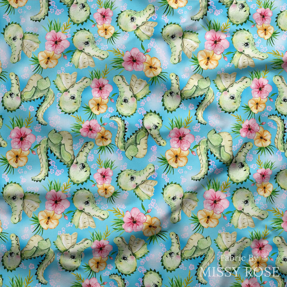 Design 1121 Cute Crocodile Fabric draped fabric mockup – custom printed fabric by the metre | Fabric by Missy Rose