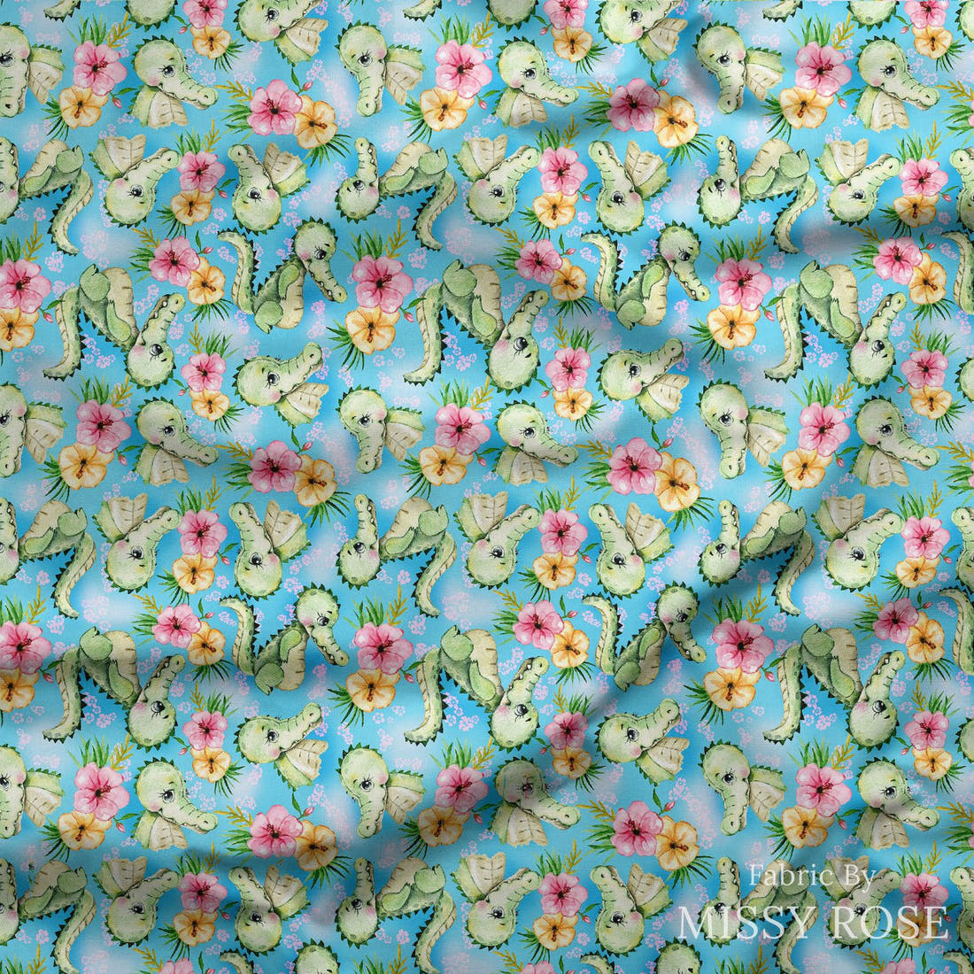 Design 1121 Cute Crocodile Fabric draped fabric mockup – custom printed fabric by the metre | Fabric by Missy Rose