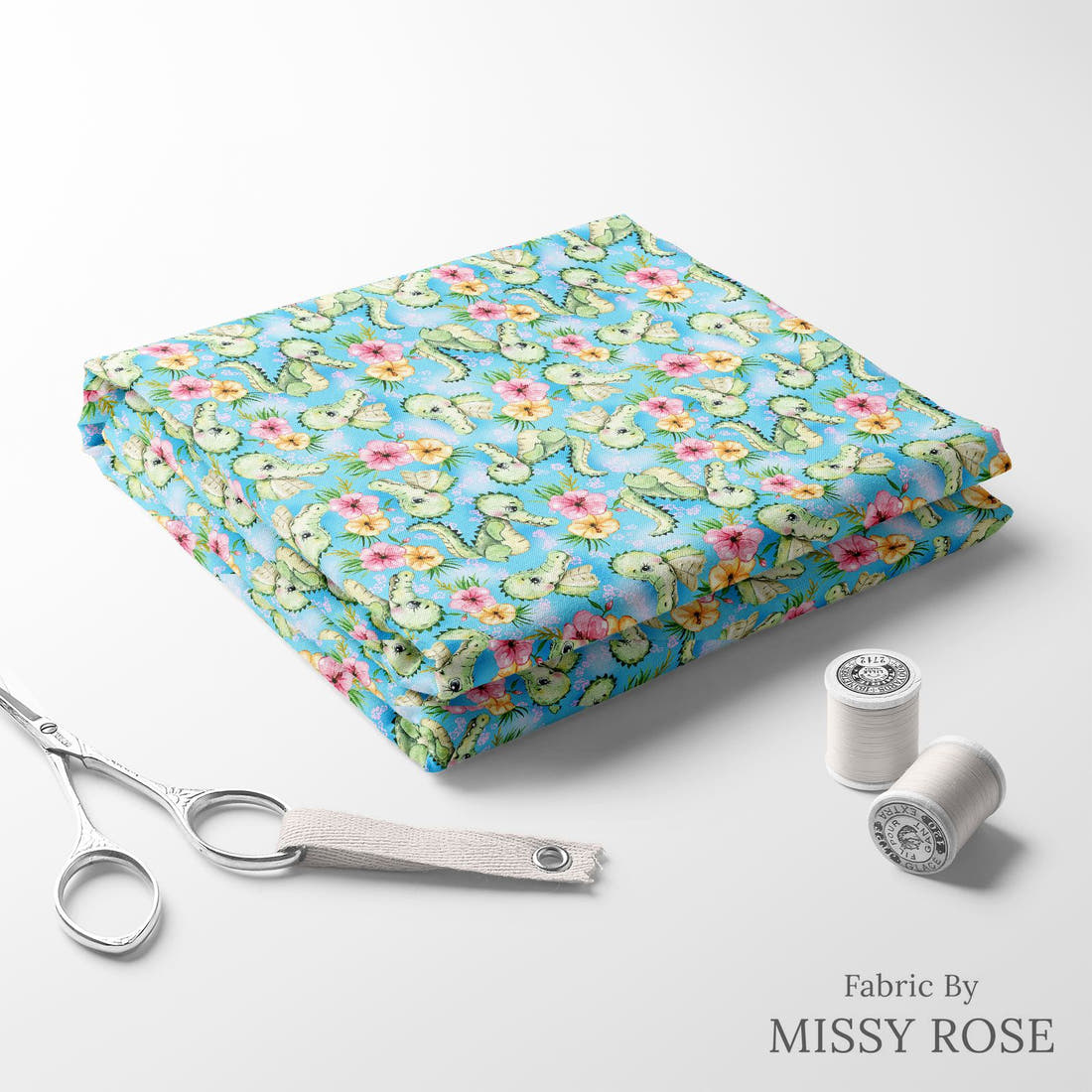 Design 1121 Cute Crocodile Fabric folded fabric stack with matching thread – pre-order fabric Australia | Fabric by Missy Rose