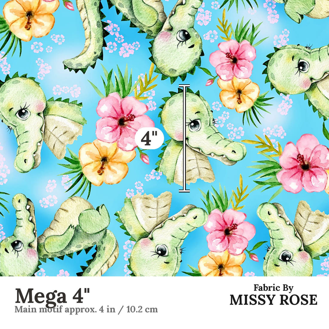 Design 1121 Cute Crocodile Fabric Mega 4 inch print scale guide | Fabric by Missy Rose