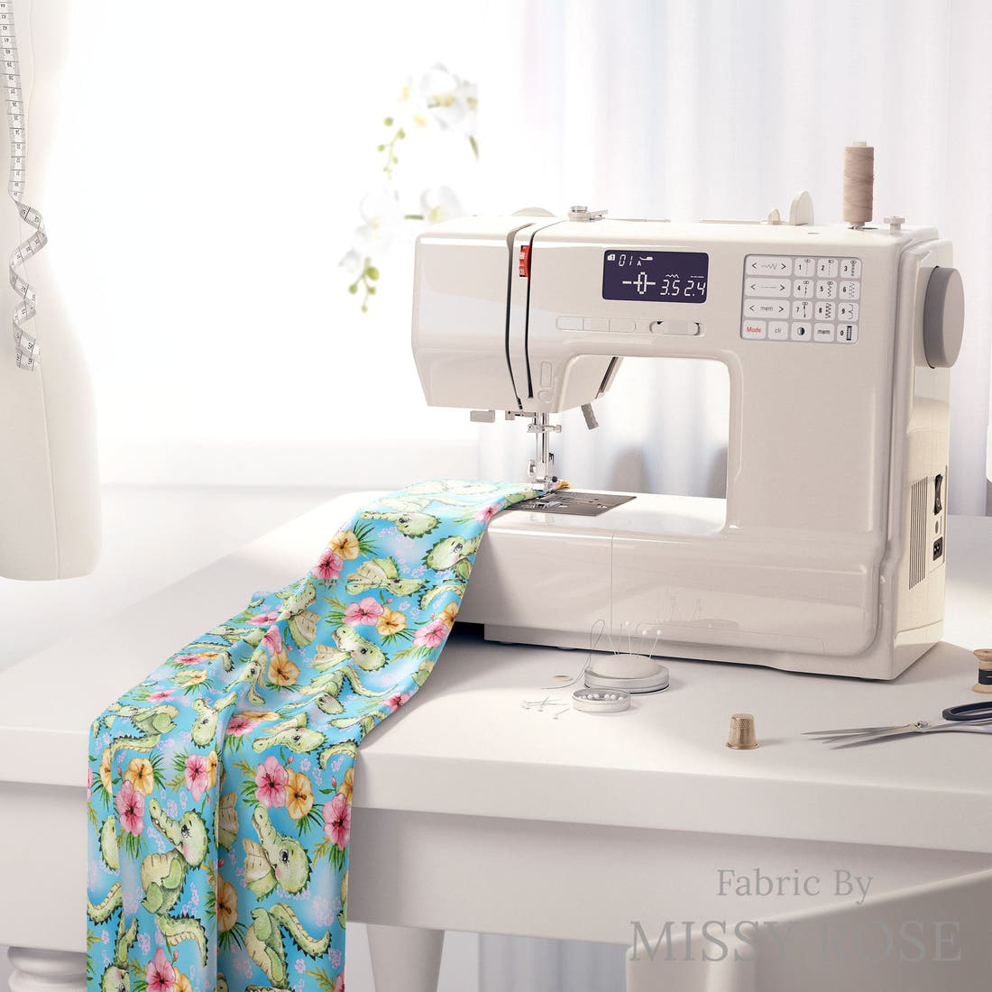 Design 1121 Cute Crocodile Fabric on a sewing machine – premium fabric for sewing projects | Fabric by Missy Rose
