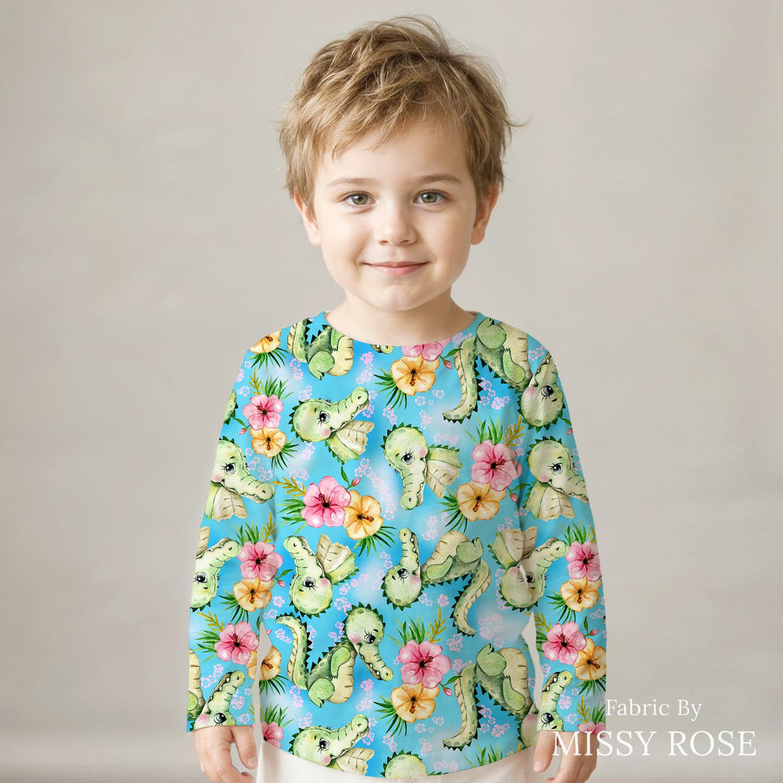 Design 1121 Cute Crocodile Fabric sewn into a kids' long sleeve top – see how the print looks made up | Fabric by Missy Rose