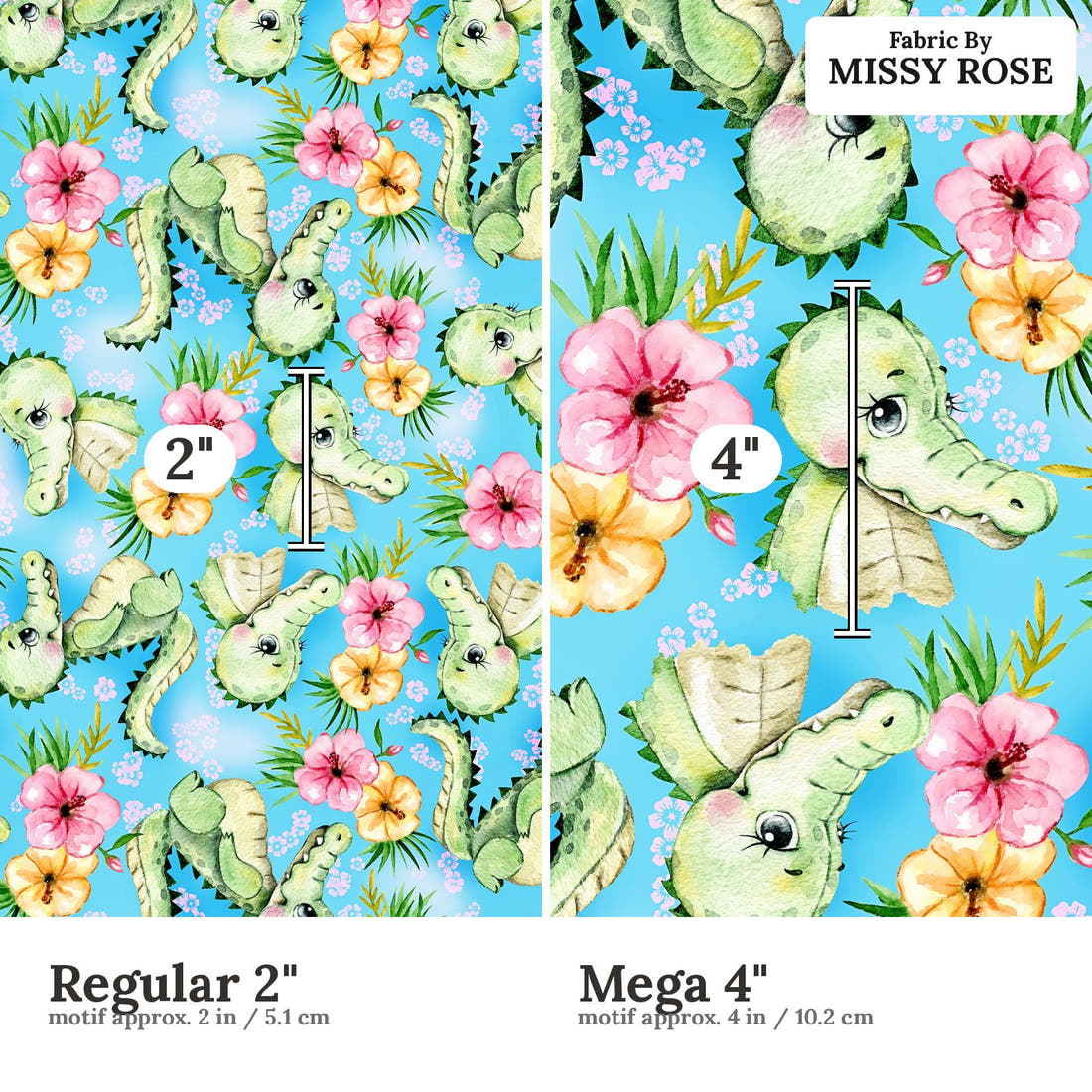 Design 1121 Cute Crocodile Fabric Regular 2 inch vs Mega 4 inch print scale side by side | Fabric by Missy Rose