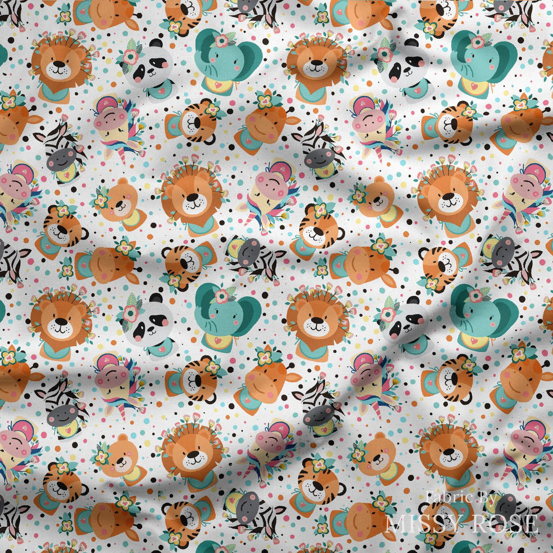 Design 1122 Cute Animal Face Fabric draped fabric mockup – custom printed fabric by the metre | Fabric by Missy Rose