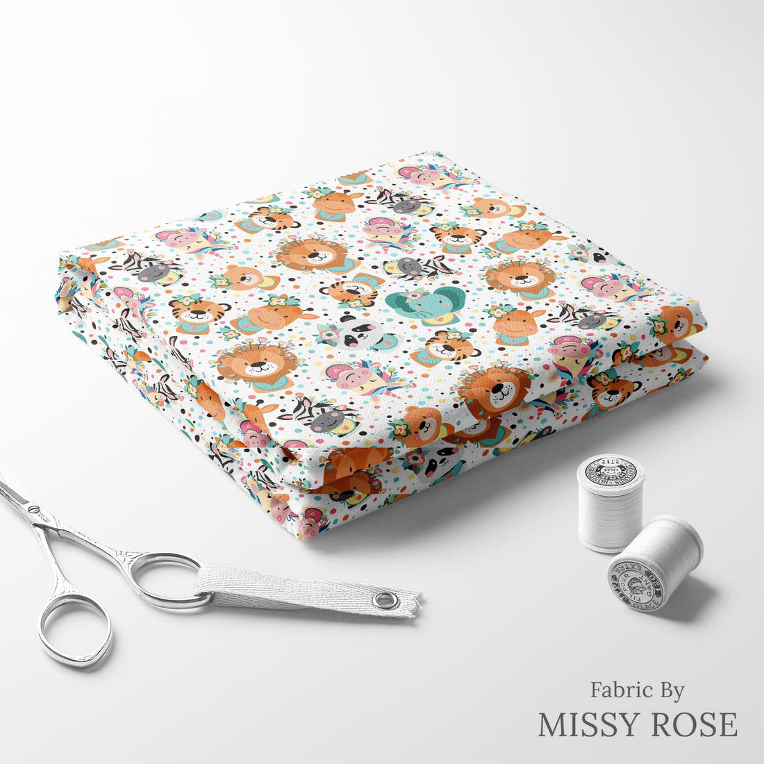 Design 1122 Cute Animal Face Fabric folded fabric stack with matching thread – pre-order fabric Australia | Fabric by Missy Rose