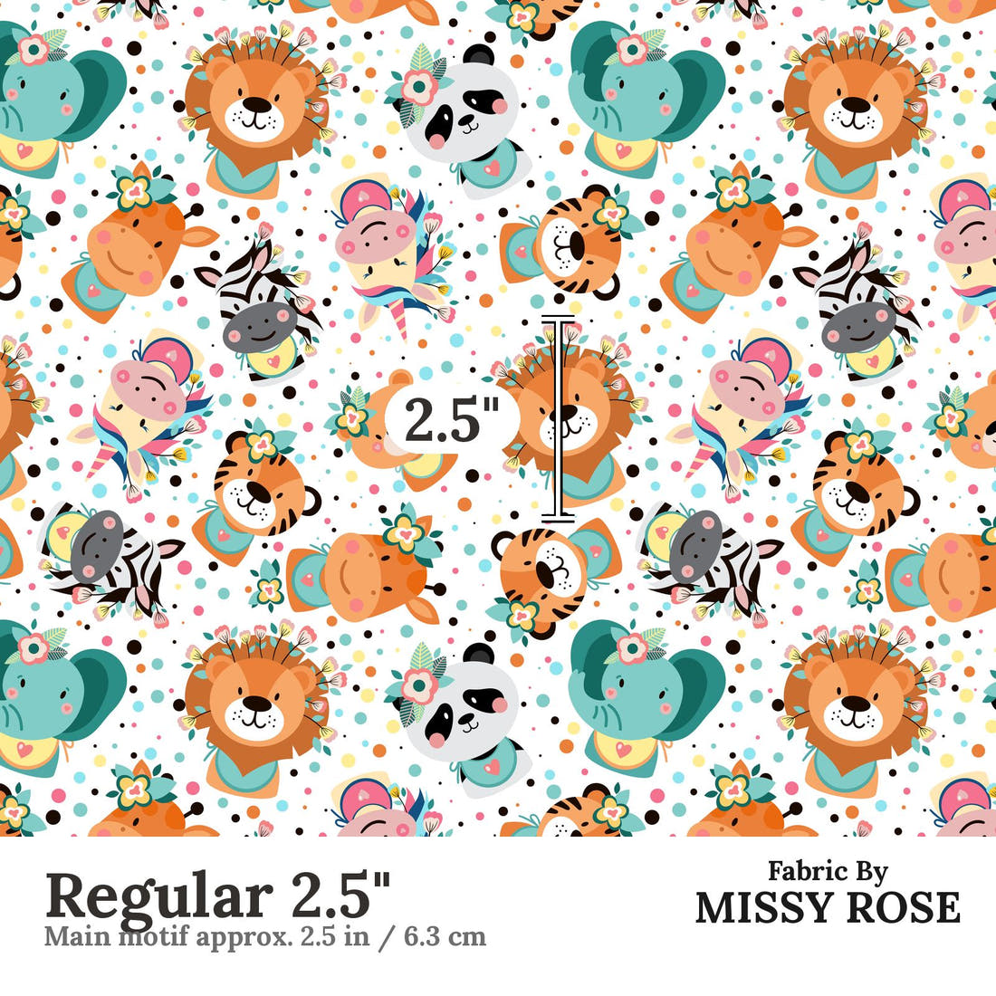 Design 1122 Cute Animal Face Fabric Regular 2.5 inch print scale guide | Fabric by Missy Rose