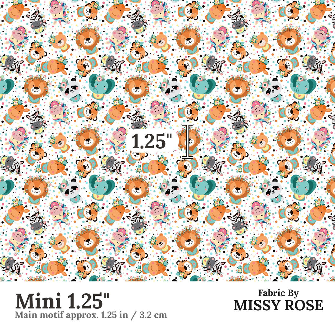 Design 1122 Cute Animal Face Fabric Mini 1.25 inch print scale guide | Fabric by Missy Rose
