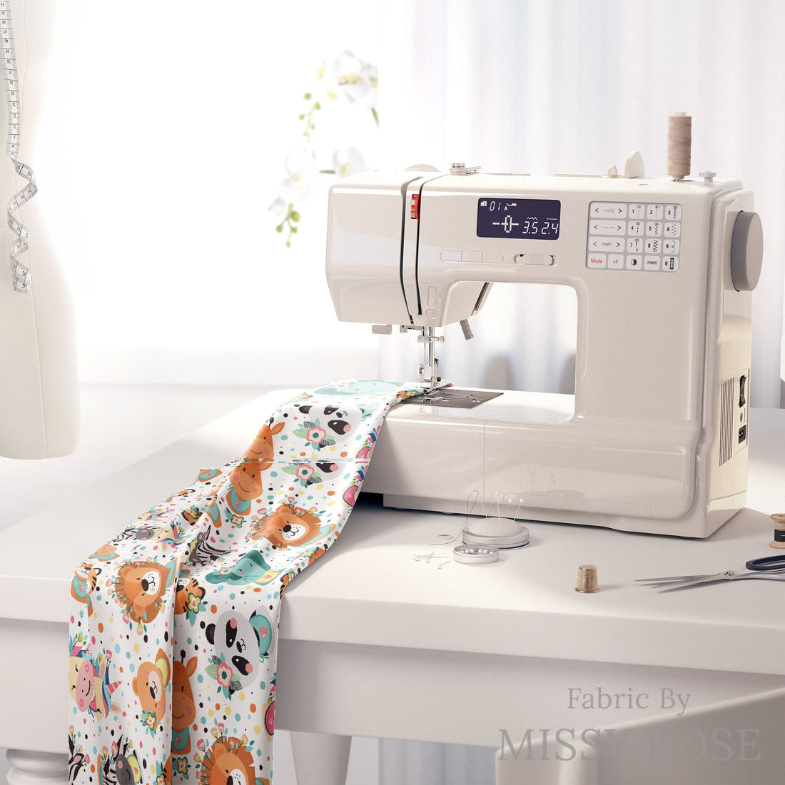Design 1122 Cute Animal Face Fabric on a sewing machine – premium fabric for sewing projects | Fabric by Missy Rose