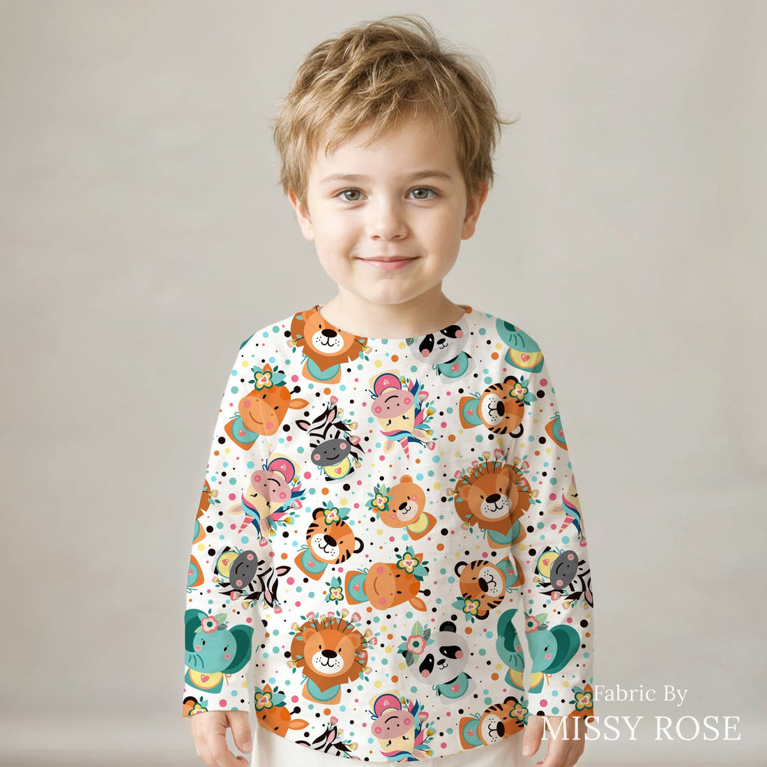 Design 1122 Cute Animal Face Fabric sewn into a kids' long sleeve top – see how the print looks made up | Fabric by Missy Rose