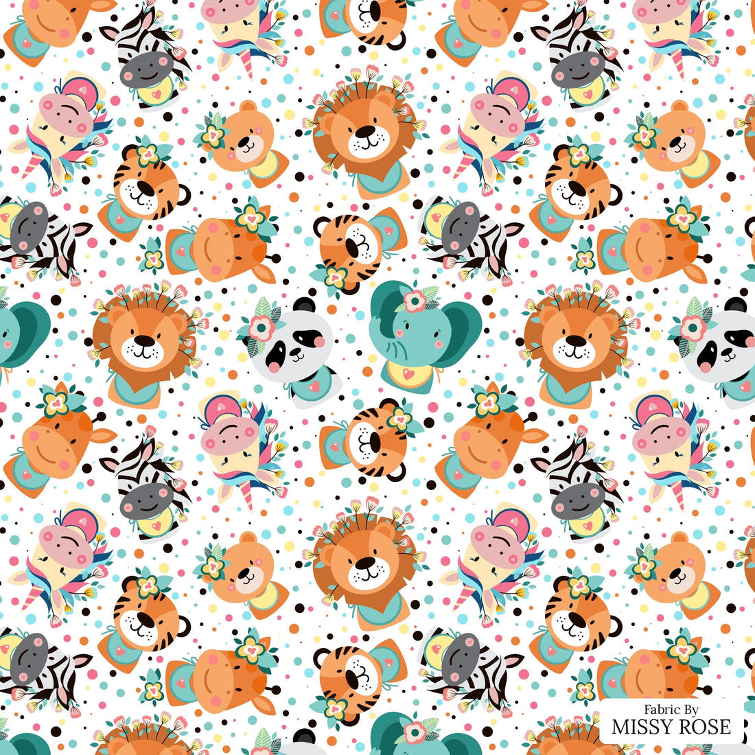 Design 1122 Cute Animal Face Fabric – flat view of the print, zoom in for detail | Fabric by Missy Rose
