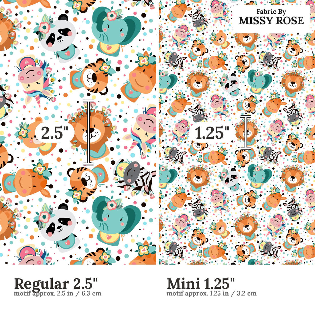 Design 1122 Cute Animal Face Fabric Regular 2.5 inch vs Mini 1.25 inch print scale side by side | Fabric by Missy Rose