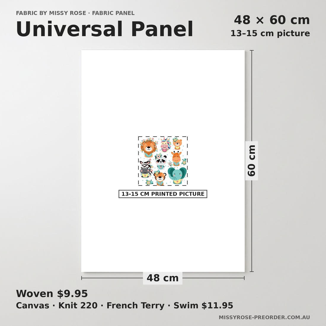 Design 1122 Cute Animal Face Panel universal panel sizing – 13–15 cm printed picture on 48 × 60 cm fabric | Fabric by Missy Rose