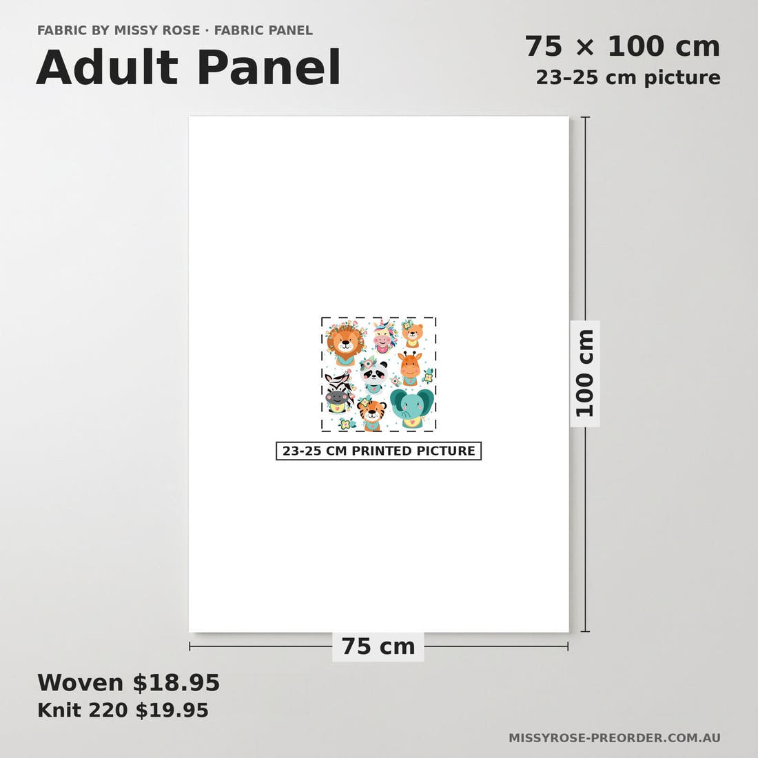 Design 1122 Cute Animal Face Panel adult panel sizing – 23–25 cm printed picture on 75 × 100 cm fabric | Fabric by Missy Rose