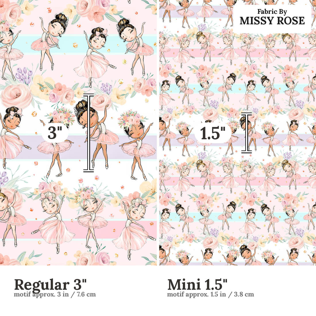 Design 1123 Ballerina Fabric Regular 3 inch vs Mini 1.5 inch print scale side by side | Fabric by Missy Rose