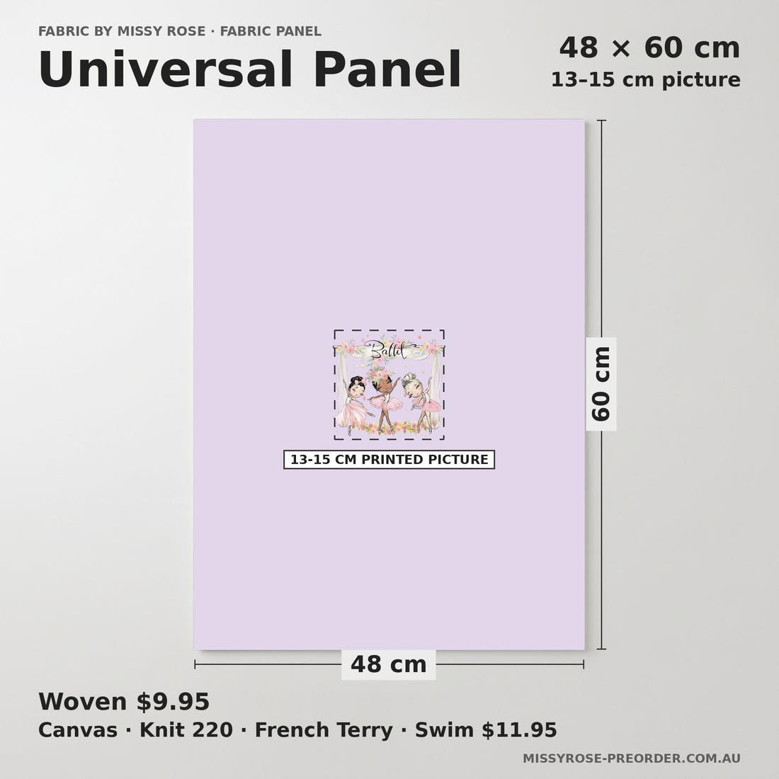 Design 1123 Ballerina Panel universal panel sizing – 13–15 cm printed picture on 48 × 60 cm fabric | Fabric by Missy Rose
