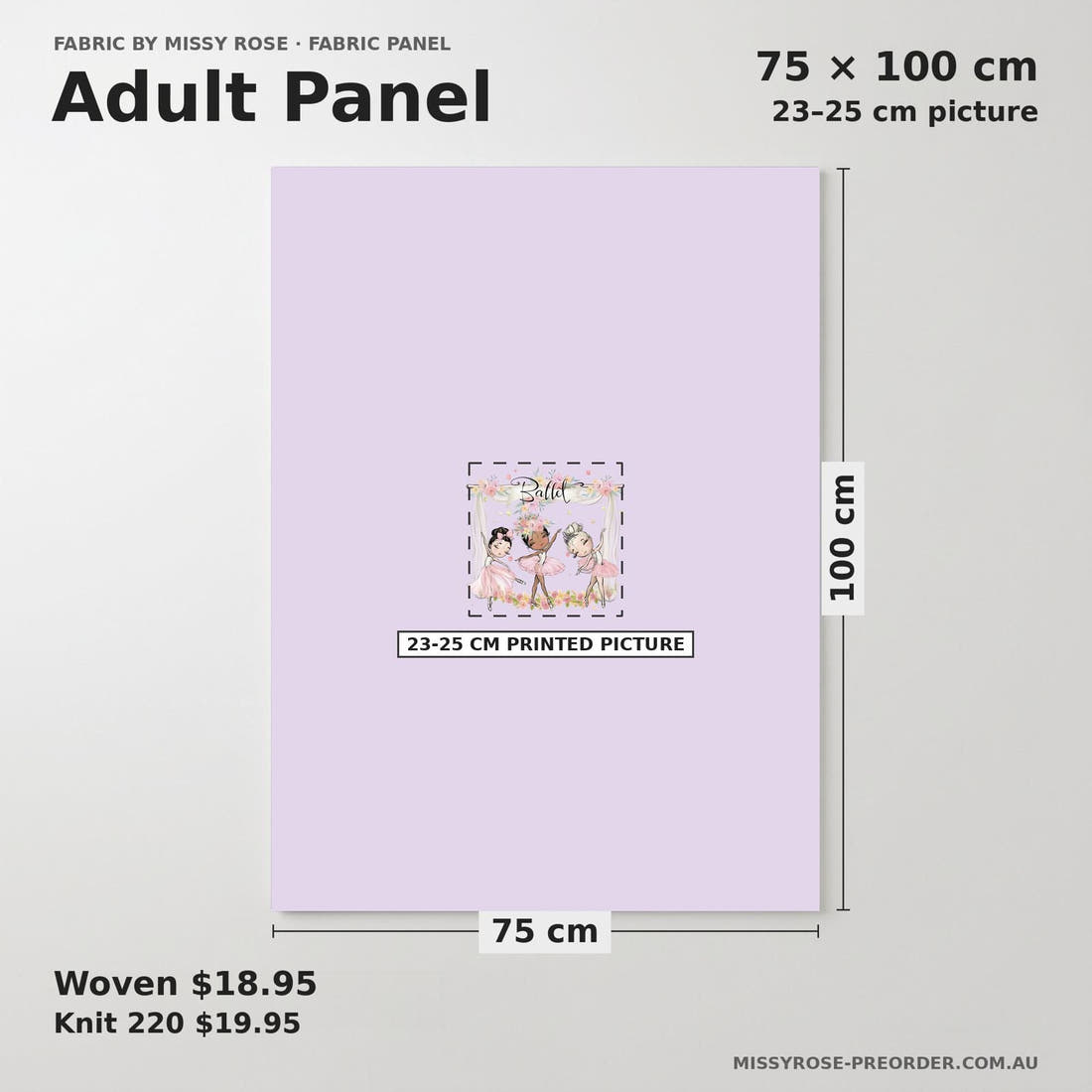 Design 1123 Ballerina Panel adult panel sizing – 23–25 cm printed picture on 75 × 100 cm fabric | Fabric by Missy Rose
