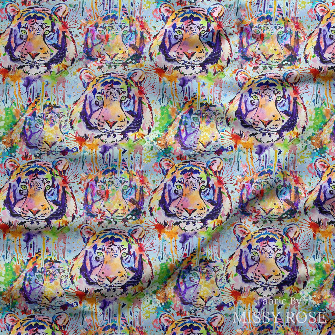 Design 1124 Watercolour Tiger Fabric draped fabric mockup – custom printed fabric by the metre | Fabric by Missy Rose