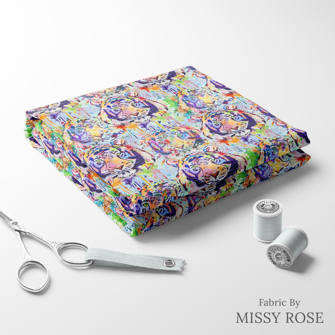 Design 1124 Watercolour Tiger Fabric folded fabric stack with matching thread – pre-order fabric Australia | Fabric by Missy Rose