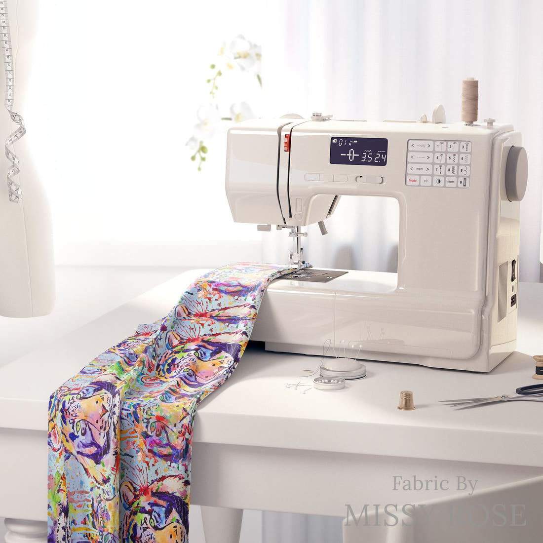 Design 1124 Watercolour Tiger Fabric on a sewing machine – premium fabric for sewing projects | Fabric by Missy Rose