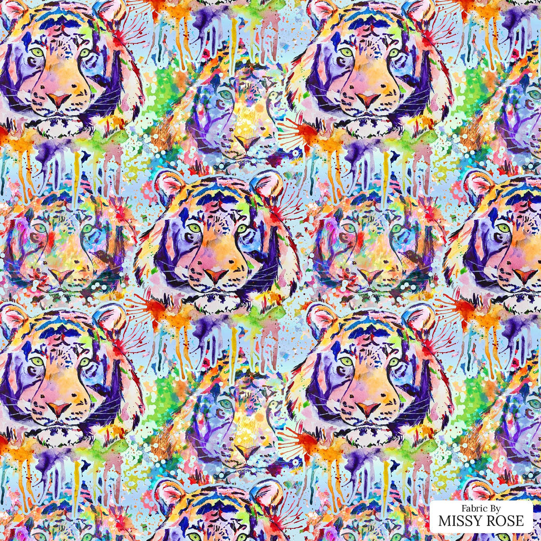 Design 1124 Watercolour Tiger Fabric – flat view of the print, zoom in for detail | Fabric by Missy Rose