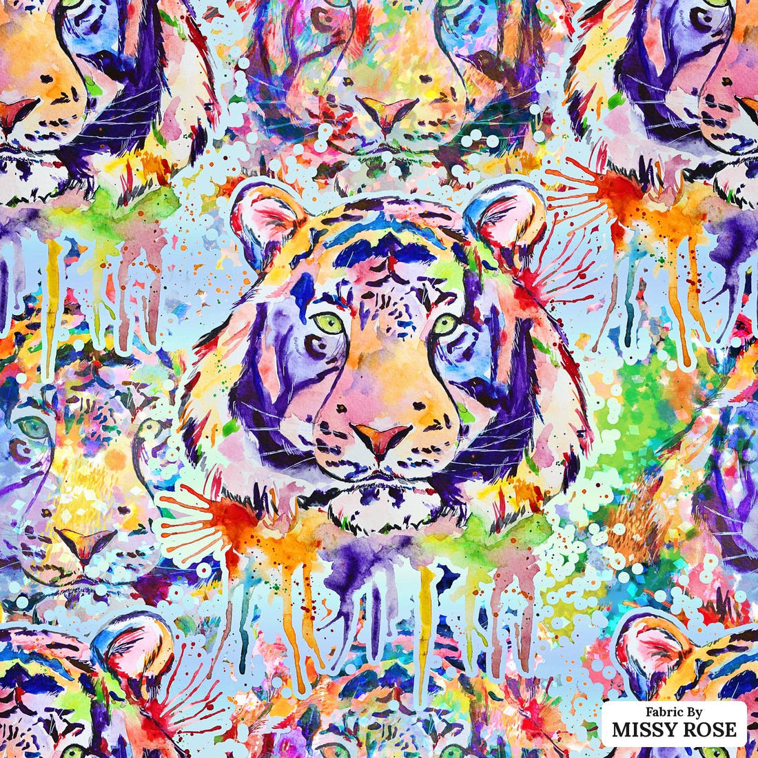 Design 1124 Watercolour Tiger Fabric – flat view of the print, zoom in for detail | Fabric by Missy Rose
