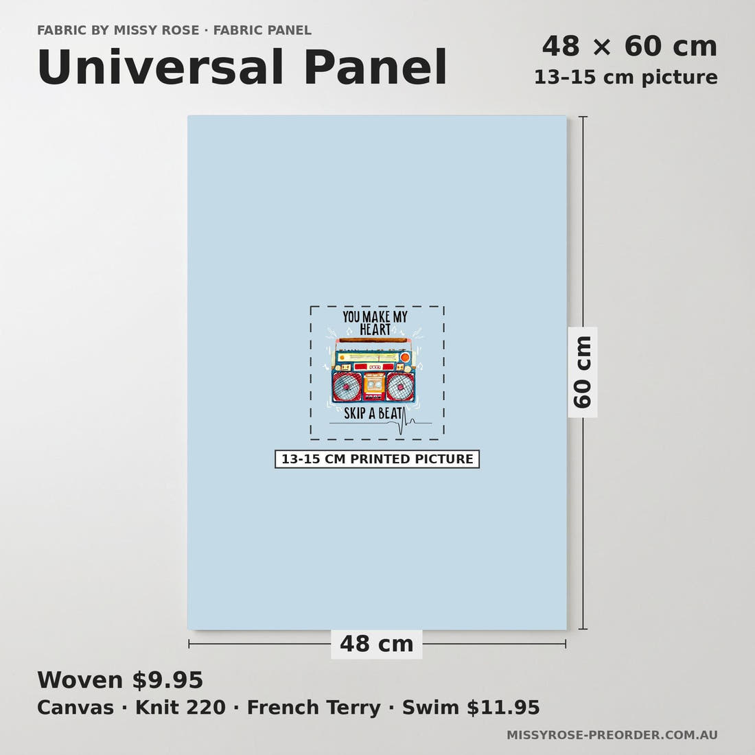 Design 1125 Tape Panel universal panel sizing – 13–15 cm printed picture on 48 × 60 cm fabric | Fabric by Missy Rose