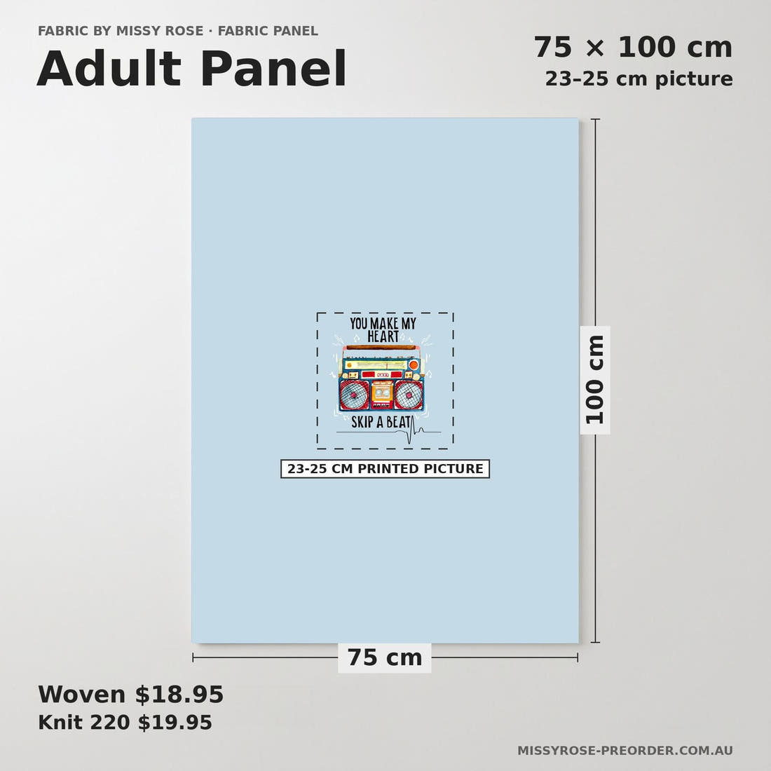 Design 1125 Tape Panel adult panel sizing – 23–25 cm printed picture on 75 × 100 cm fabric | Fabric by Missy Rose