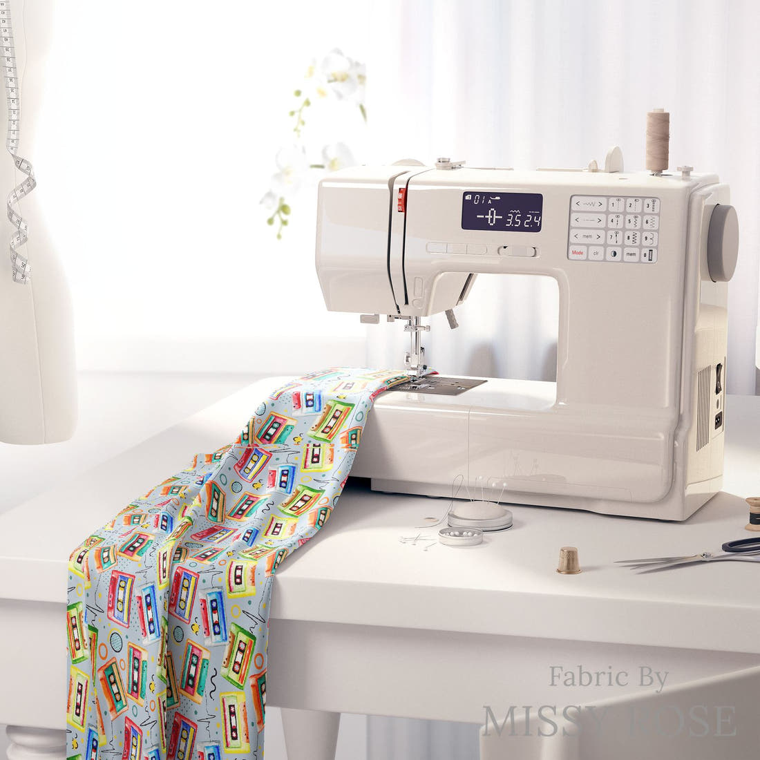 Design 1125 Tape Fabric on a sewing machine – premium fabric for sewing projects | Fabric by Missy Rose