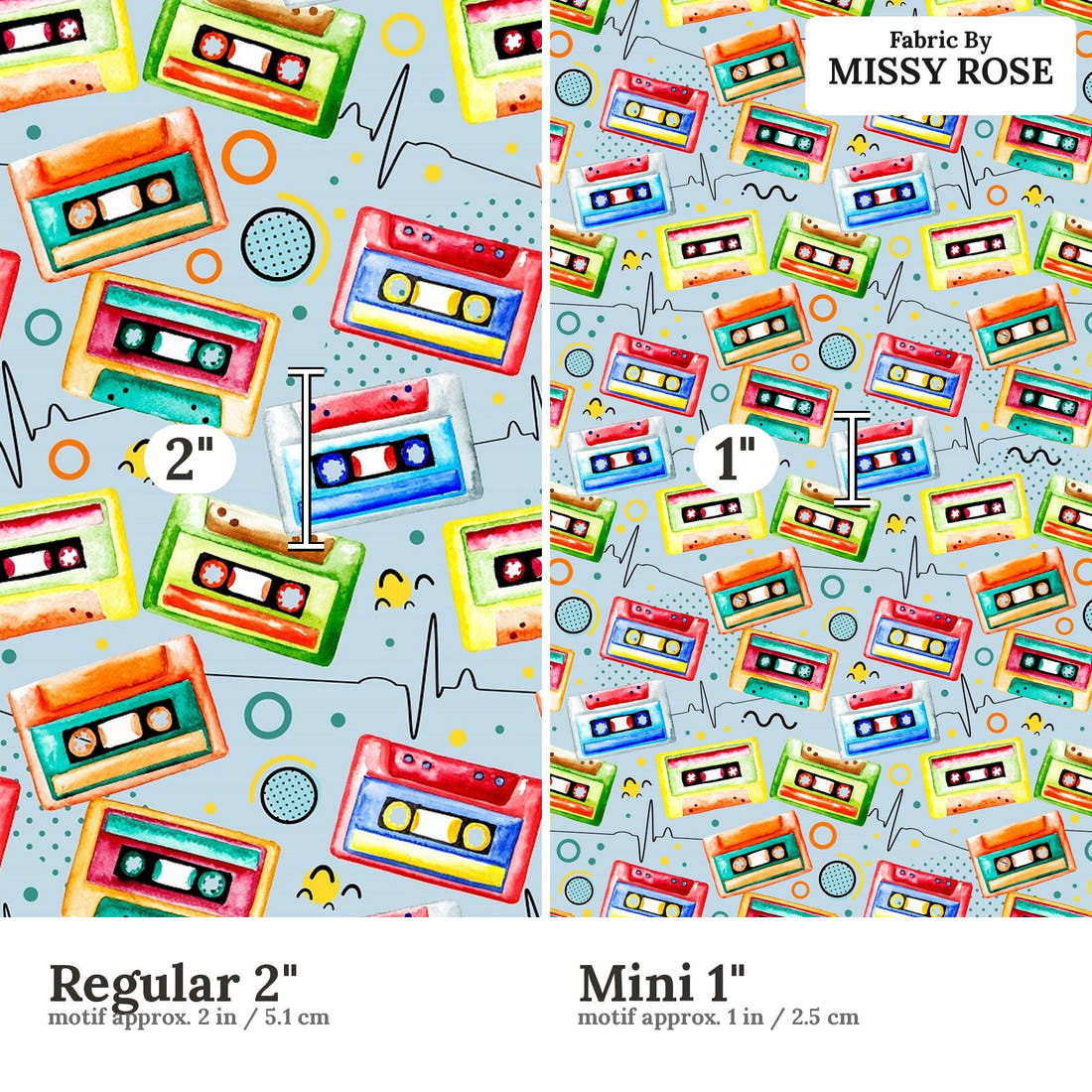 Design 1125 Tape Fabric Regular 2 inch vs Mini 1 inch print scale side by side | Fabric by Missy Rose