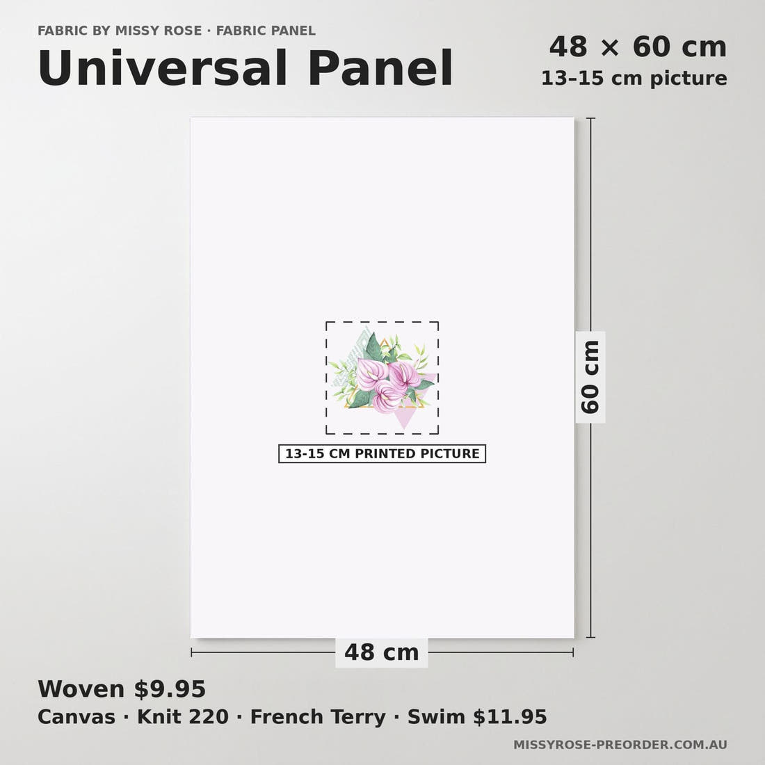 Design 1126 Tropical Floral Panel universal panel sizing – 13–15 cm printed picture on 48 × 60 cm fabric | Fabric by Missy Rose