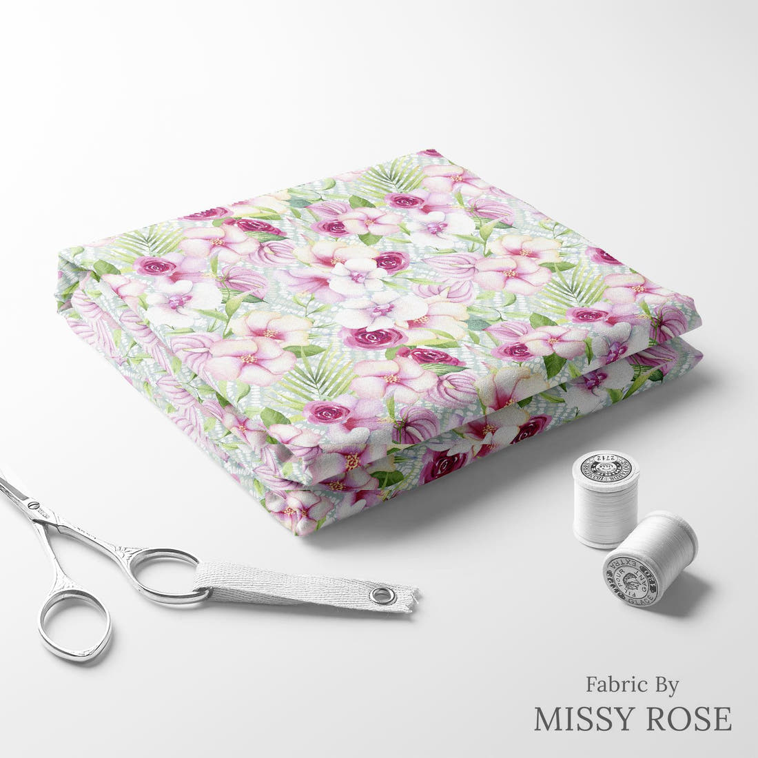 Design 1126 Tropical Floral Fabric folded fabric stack with matching thread – pre-order fabric Australia | Fabric by Missy Rose