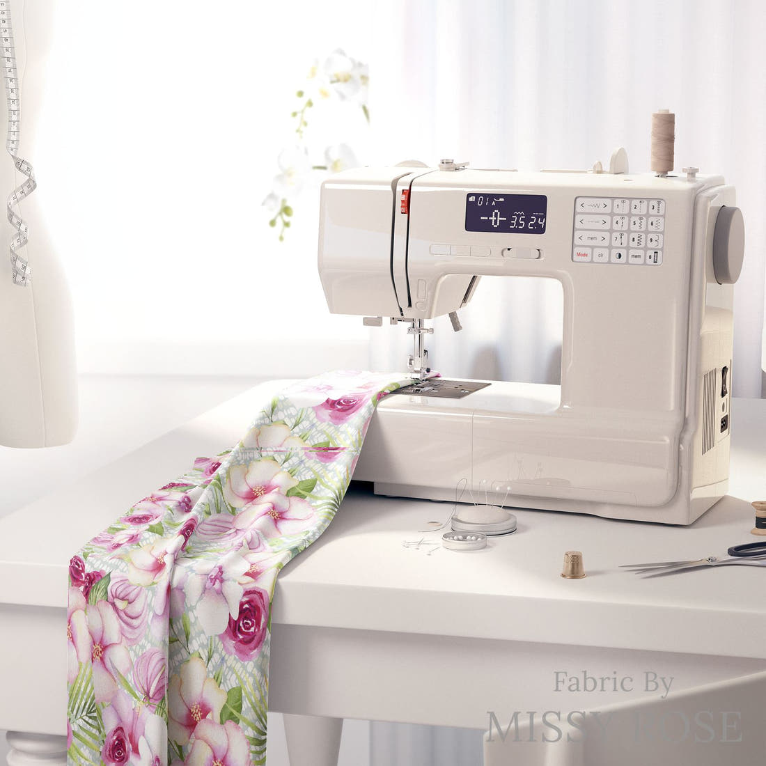 Design 1126 Tropical Floral Fabric on a sewing machine – premium fabric for sewing projects | Fabric by Missy Rose