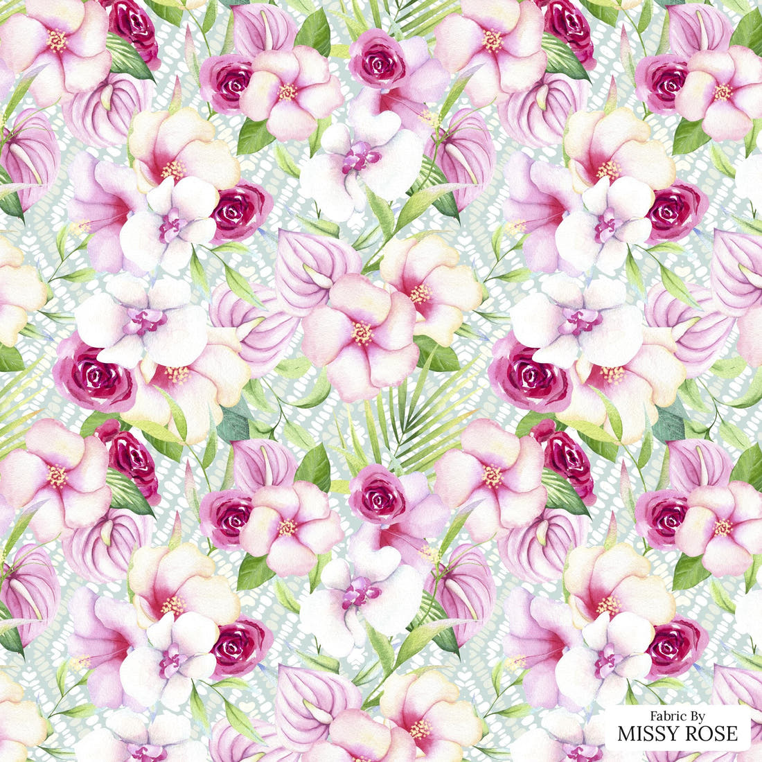Design 1126 Tropical Floral Fabric – flat view of the print, zoom in for detail | Fabric by Missy Rose