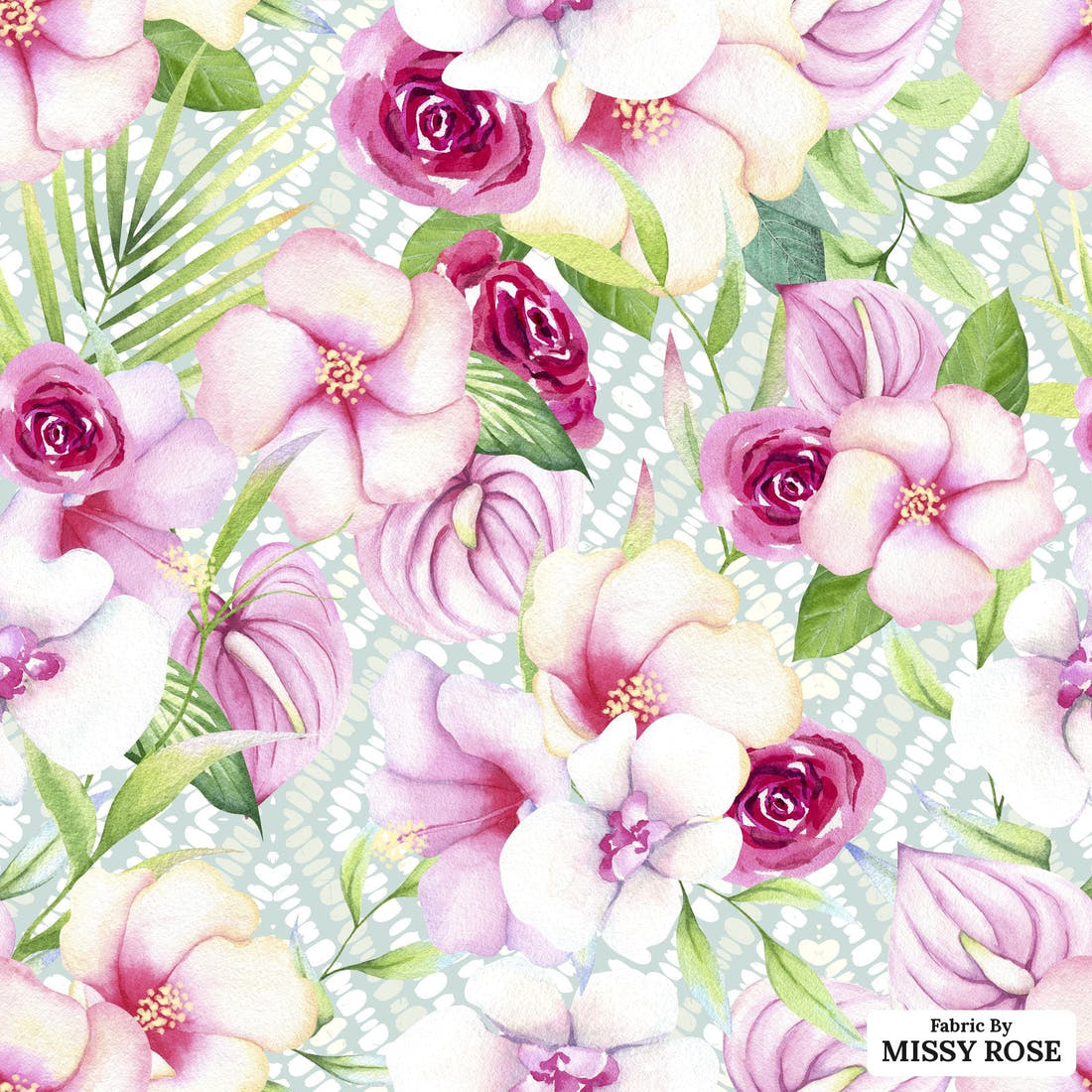 Design 1126 Tropical Floral Fabric – flat view of the print, zoom in for detail | Fabric by Missy Rose