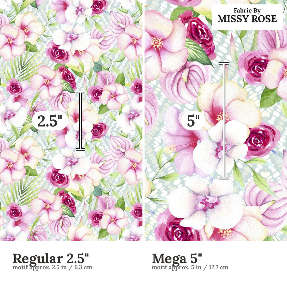 Design 1126 Tropical Floral Fabric Regular 2.5 inch vs Mega 5 inch print scale side by side | Fabric by Missy Rose