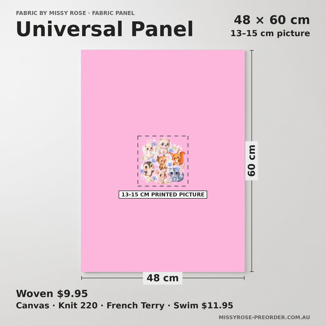 Design 1127 Pink Animals Panel universal panel sizing – 13–15 cm printed picture on 48 × 60 cm fabric | Fabric by Missy Rose
