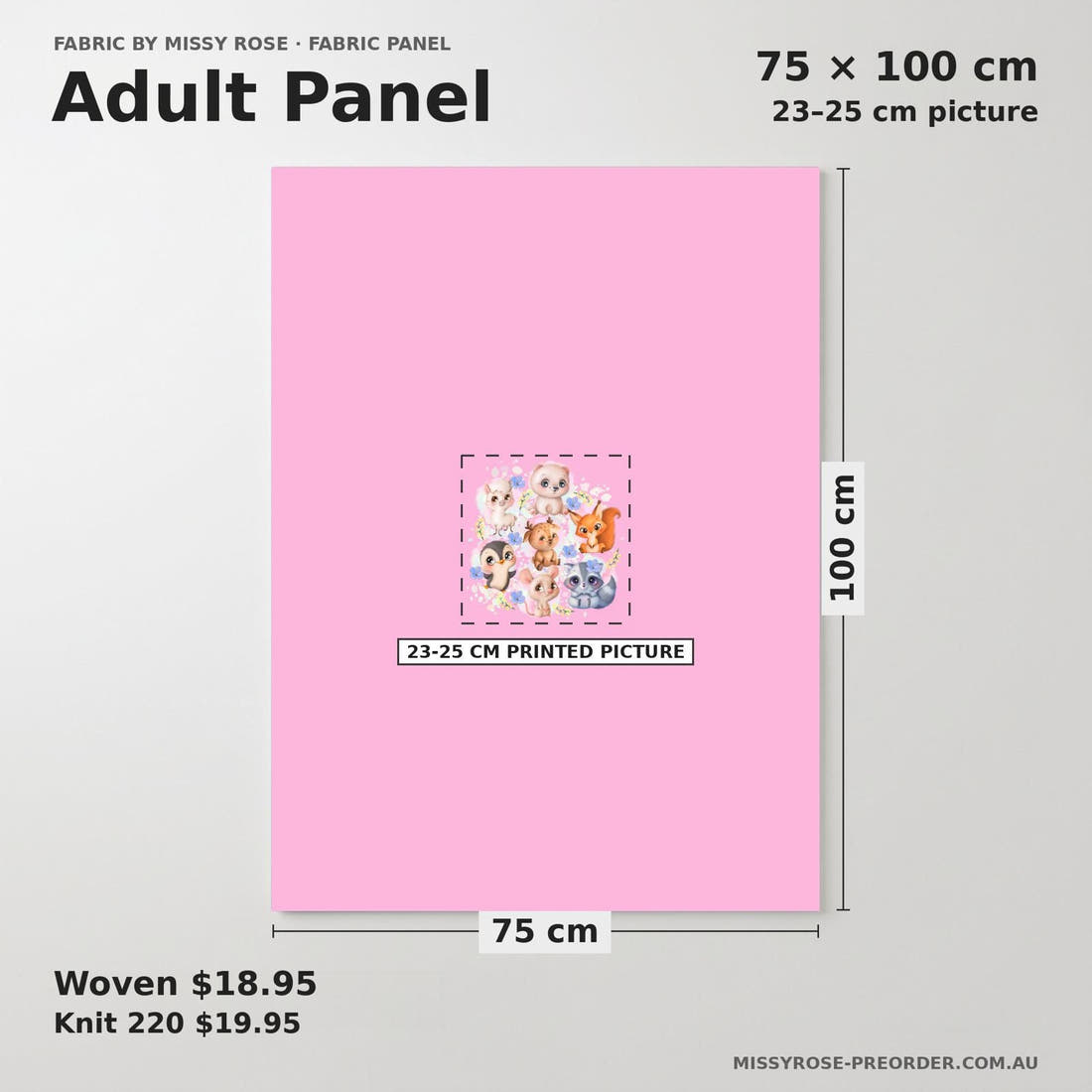 Design 1127 Pink Animals Panel adult panel sizing – 23–25 cm printed picture on 75 × 100 cm fabric | Fabric by Missy Rose