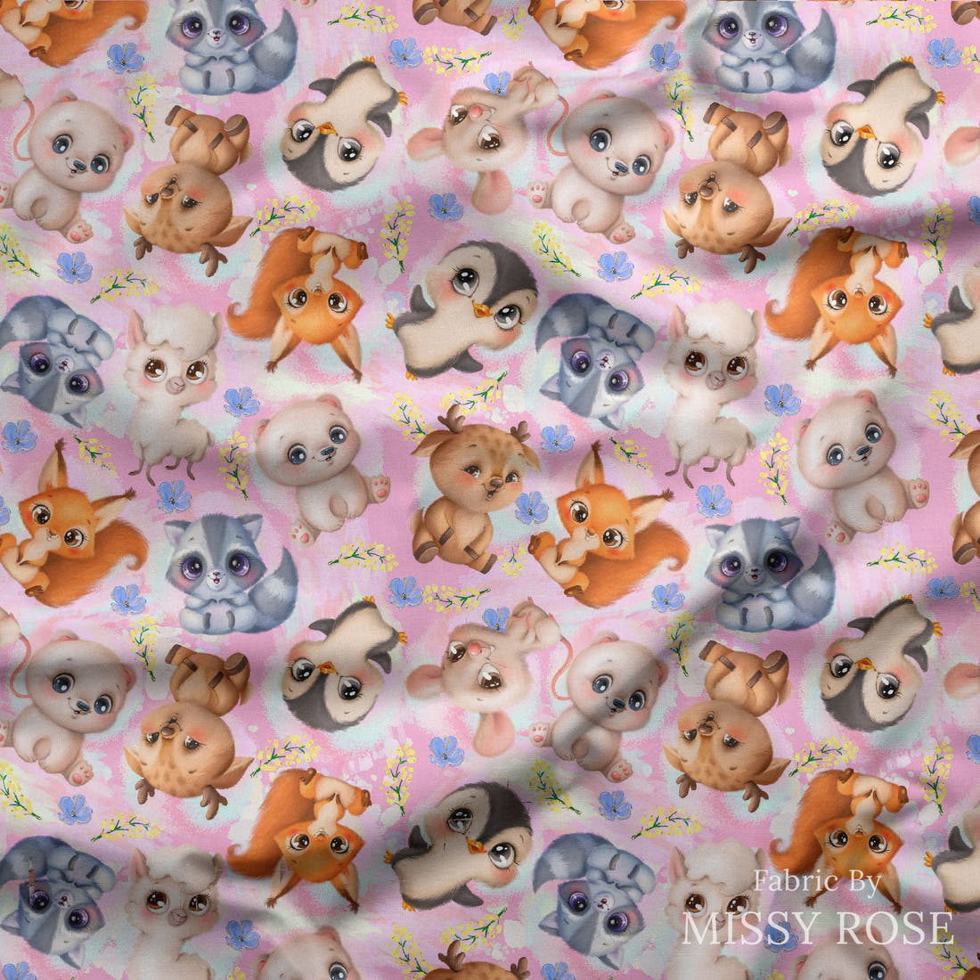 Design 1127 Pink Animals Fabric draped fabric mockup – custom printed fabric by the metre | Fabric by Missy Rose