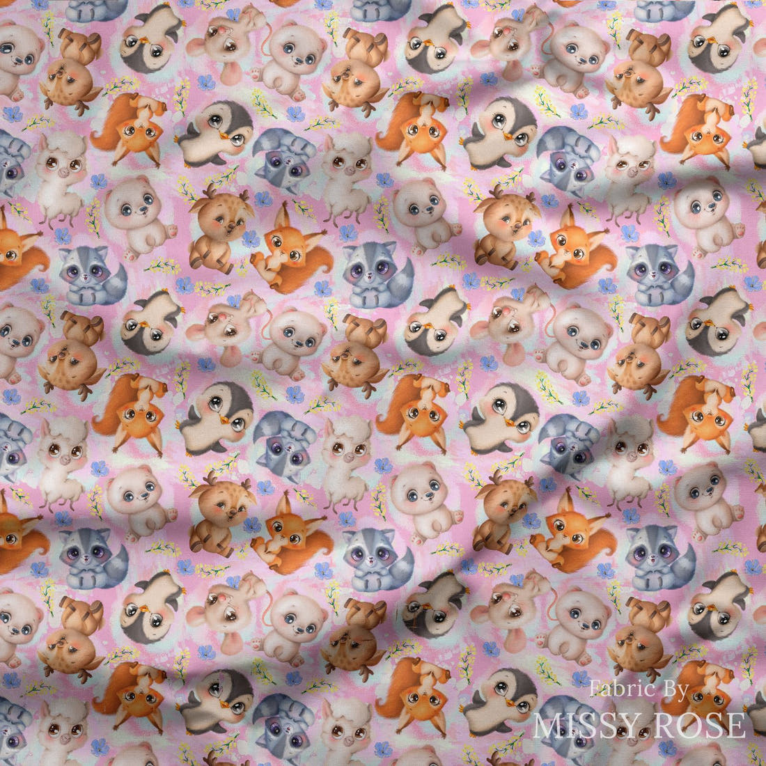 Design 1127 Pink Animals Fabric draped fabric mockup – custom printed fabric by the metre | Fabric by Missy Rose
